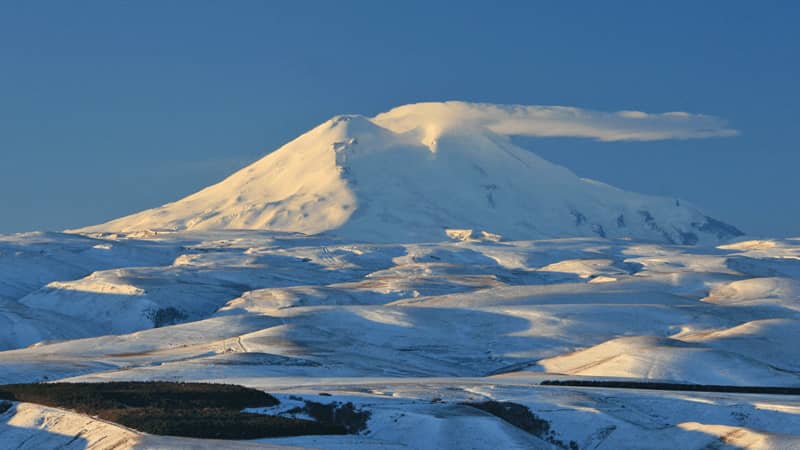 Mount Elbrus is perched on the European side of the Caucasus Mountains.