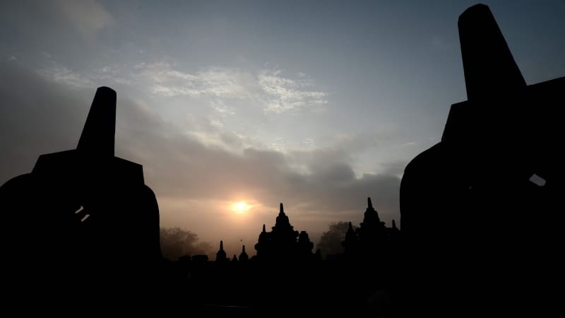 Sunrise over the ancient Borobudur temple in Indonesia's central Java province.