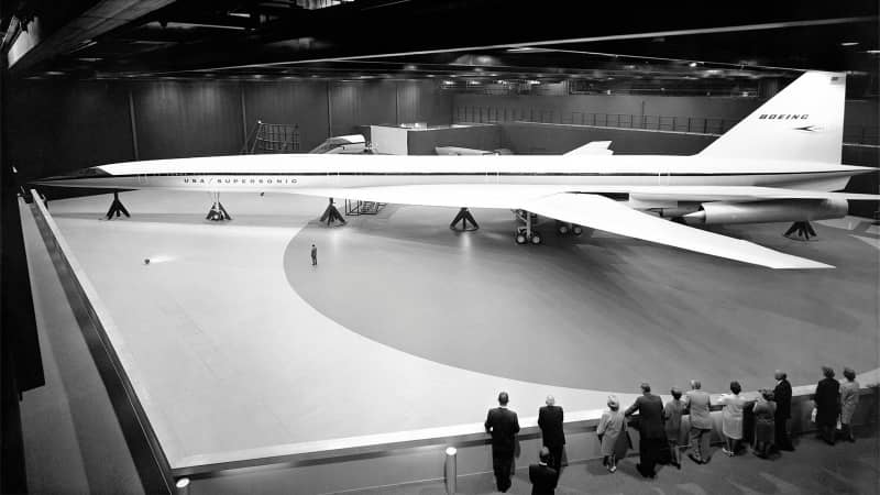 Picture taken in 1969 showing the full-scale mockup of the Boeing 2027 SST, the first American supersonic transport (SST) project, in the Boeing Developmental Center in Seattle. The Boeing 2707 was supposed to be America's answer to the Concorde. In March 1971, despite the project's strong support by the administration of President Richard Nixon, the U.S. Senate rejected further funding and the SST project was canceled on May 20, 1971. / AFP / - (Photo credit should read -/AFP/Getty Images)