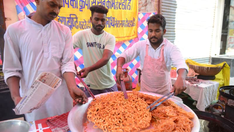 In Northern India, jalebi  -- batter fried into swirling shapes -- are a beloved sweet, especially when paired with condensed milk and topped with spices.  