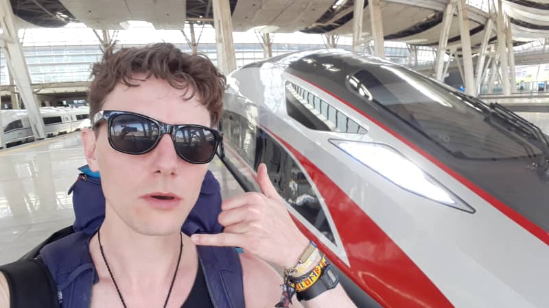 Roger Tyers, 37, travelled from England to China by train instead of plane because of the climate crisis. 