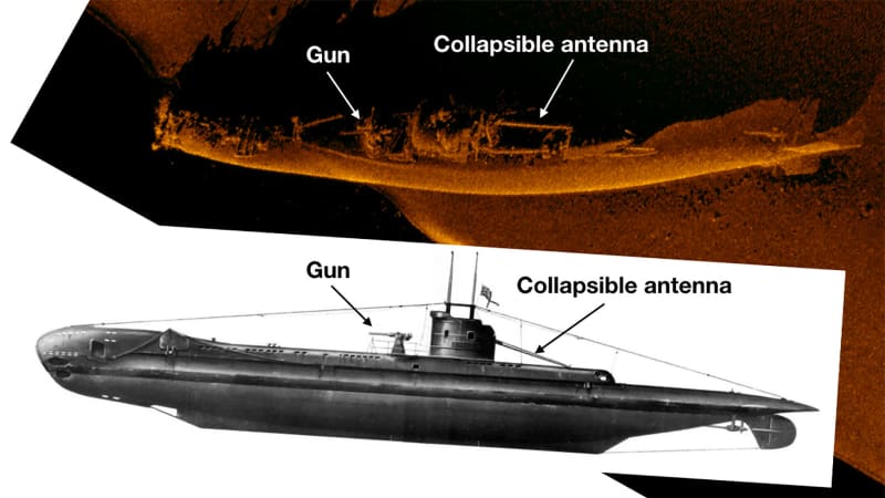 A comparison between the wreck of HMS Urge and an image of a "U-class" submarine