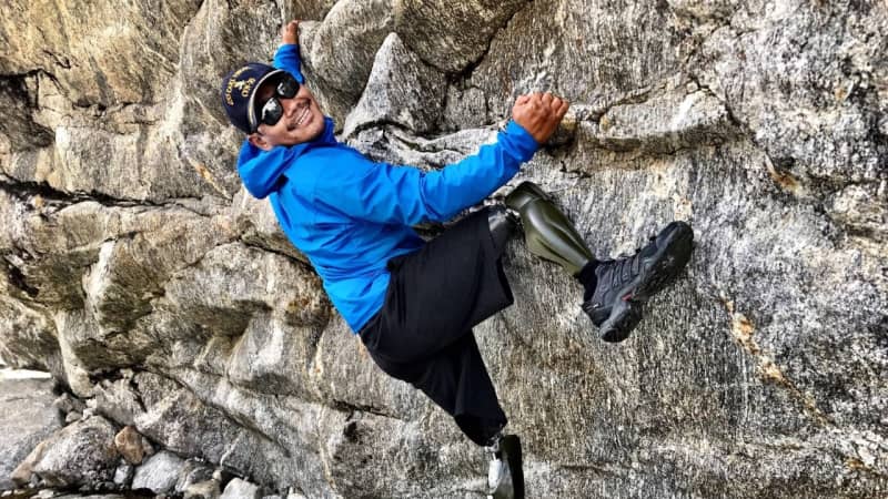 Magar rock climbing during his expedition in 2017 in which he climbed Mera Peak (6,476 meters).