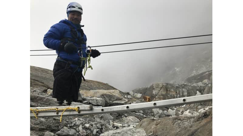 Ladder training in Nepal. Magar says the climb team is exploring climbing from the Tibetan side of the mountain where there are fewer crevasses to cross.