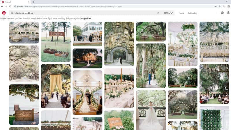 Now, when users search for plantation wedding content, they will see a message about the company's policies.