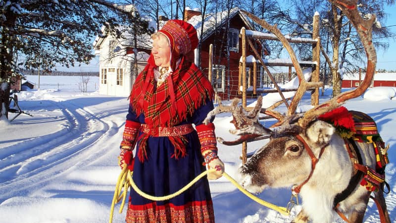 A woman dressed in Gákti -- traditional Sami clothing -- leads a reindeer in Lapland.