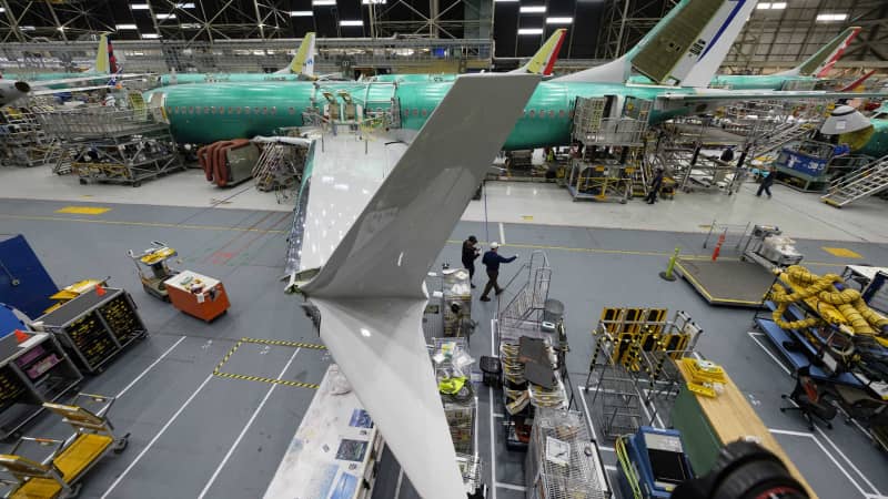 A Boeing 737 MAX airplane is pictured on the company's production line in March 2019 in Renton, Washington. 