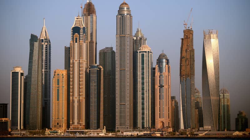 Dubai's marina district is a hud of development, home to a cluster of supertall skyscrapers. 