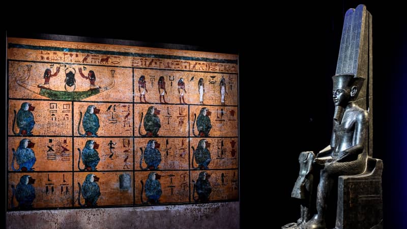 A sculpture of ancient Egyptian deity Amun is displayed during the exhibition's visit to Paris.