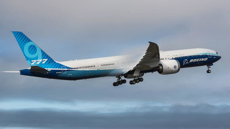 The 777X-9 took off at 9:08 a.m. local time.