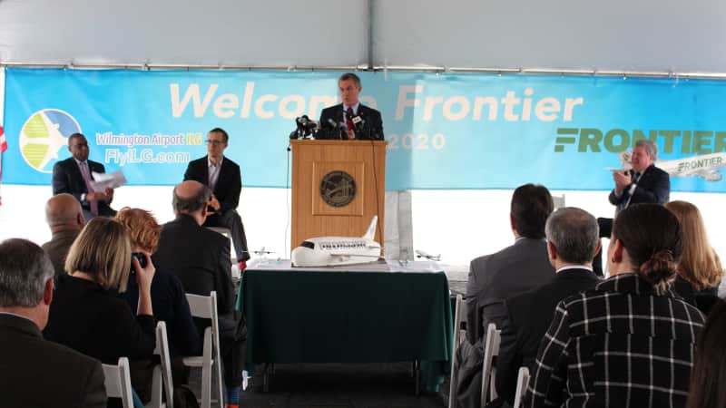Delaware Governor John Carney welcomed Fronter Airlines back to the state.