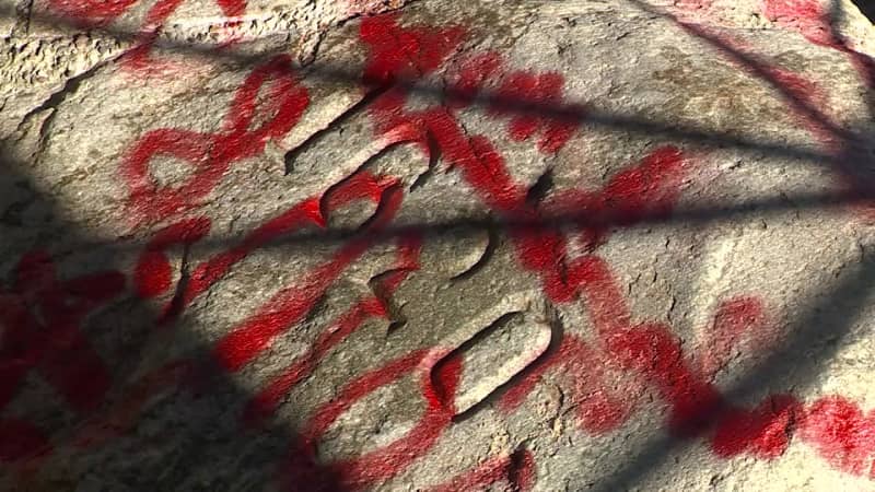 Plymouth Rock was found vandalized with red graffiti Monday morning.