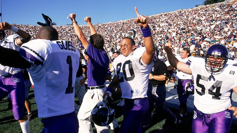 William Bennett #20 of the Northwestern Wildcats celebrates on the field after the Wildcats defeated the Fighting Irish 17-15. 