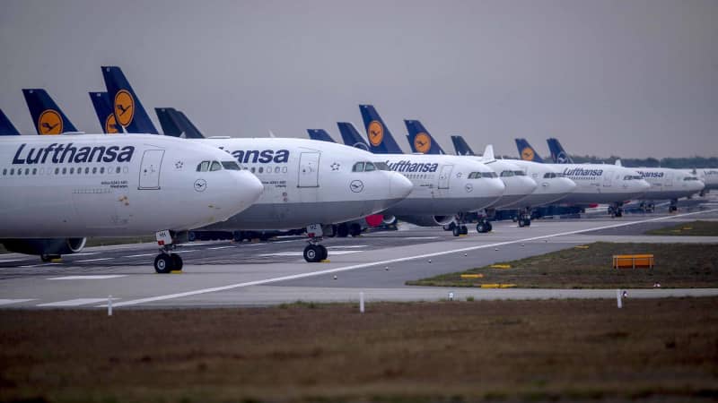 Lufthansa craft on a runway at Frankfurt Airport in May 2020. 