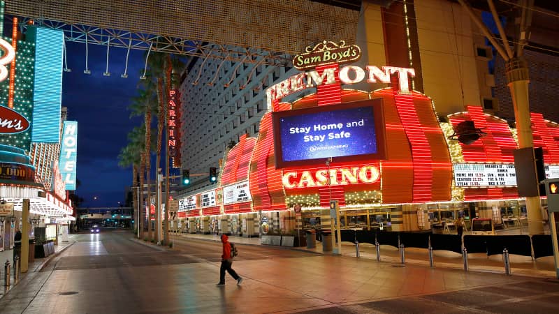 All by myself: A near-deserted Fremont Street, after casinos were ordered to shut down due to the coronavirus outbreak in March is an unusual site.