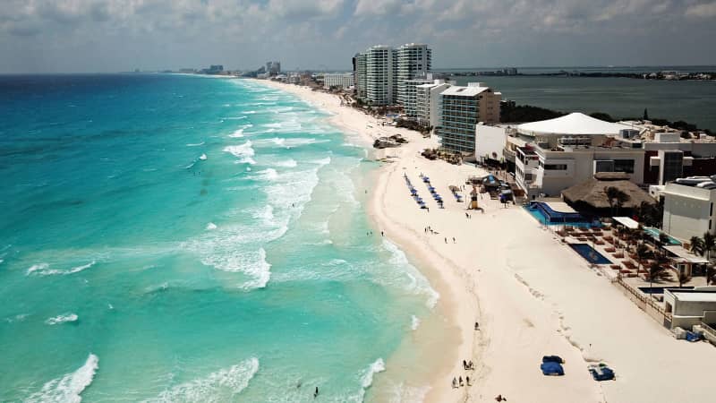 Aerial view of an almost empty beach in Cancun, Quintana Roo state, Mexico