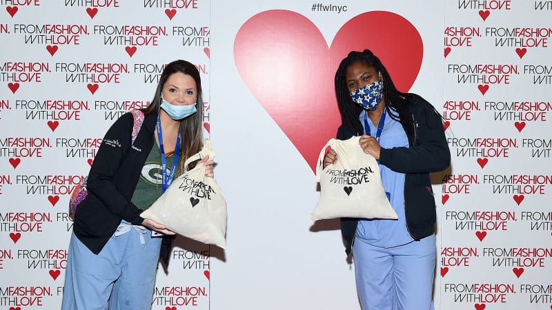 Gift bags are given to nurses temporarily housed in The New Yorker Hotel