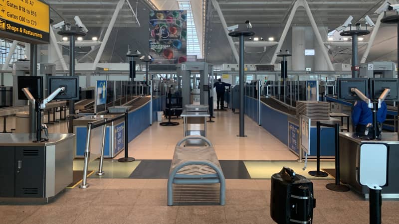 Inside JFK Terminal 4 after passing through the nearly-empty security checkpoint on June 27, 2020.