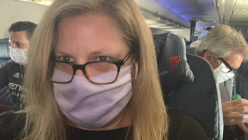 The author's selfie aboard a nonstop Delta flight from New York City to San Francisco.