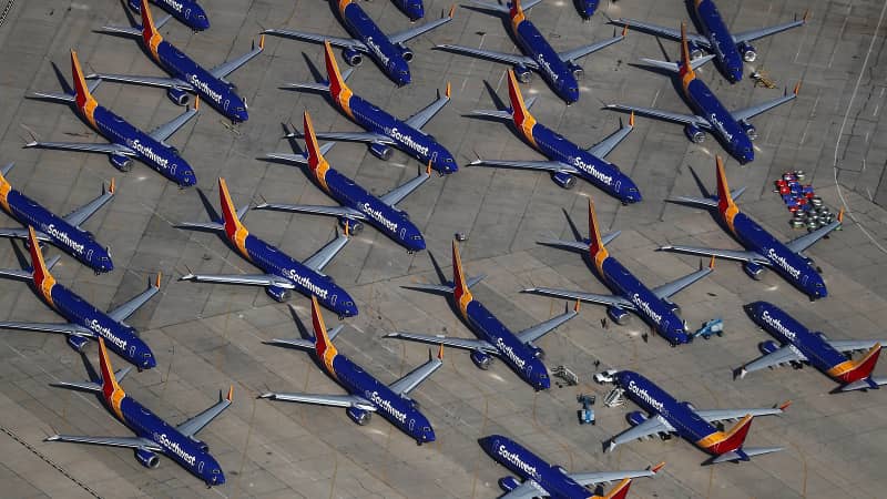 Southwest Airlines 737 MAX aircraft parked in California in March 2019.