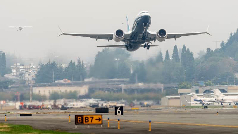 A Boeing 737 MAX piloted by FAA Chief Steve Dickson takes off during a test flight on September 30 in Seattle.