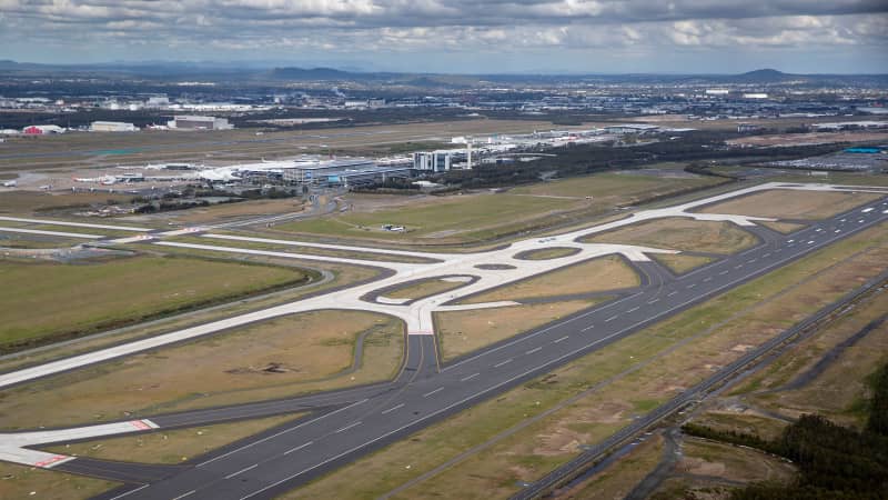 An aerial view of Brisbane Airport.