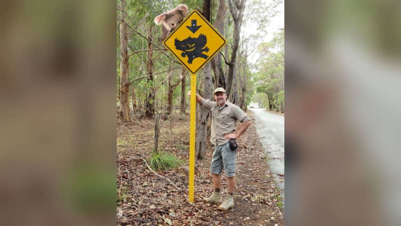 A drop bear -- again, we need to clarify that they are photoshopped and not real -- prepares to ambush Mythic Australia's Ian Coate.