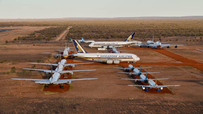 Grounded airplanes are seen at the Asia Pacific Aircraft Storage facility on May 15, 2020 in Alice Springs, Australia.