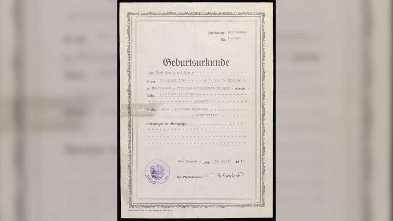 The birth certificate of Eva Clarke, who was born in the Mauthausen concentration camp, will be on show.