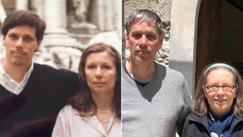 The Barretts regularly visit Aida's native Italy. Pictured (left) at the Trevi Fountain in 1987, and (right) in Amantea in 2019.