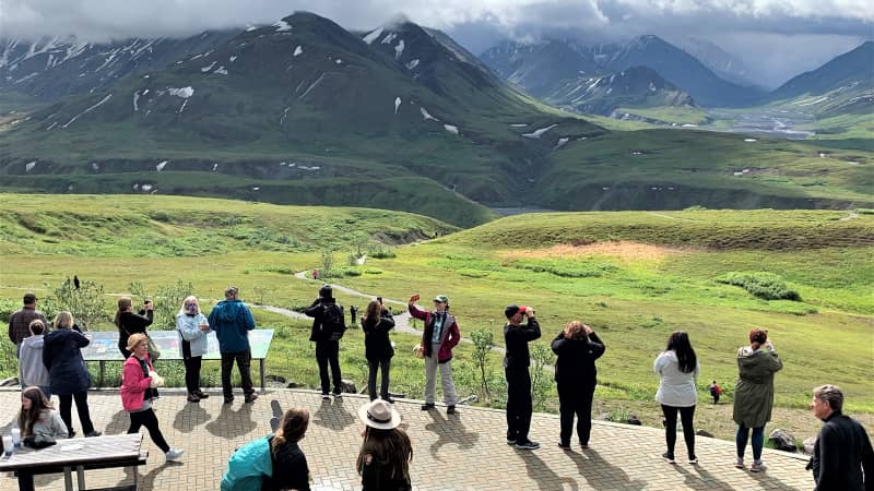 Tourists at Denali National Park gather at Eielson Visitor Center.