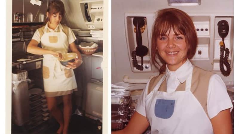 Pan Am flight attendant Anne Sweeney prepares scrambled eggs in the galley in-flight. 