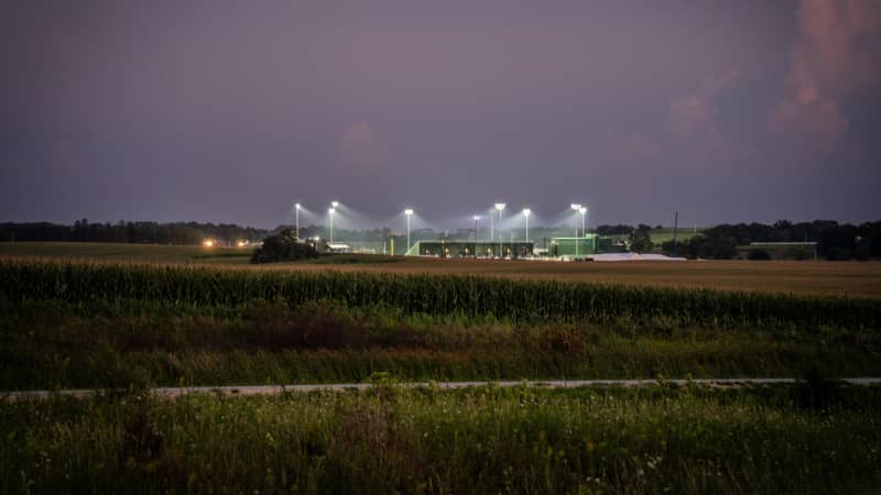 Stadium lights illuminate the field amid acres of cornfields in Dyersville, Iowa.