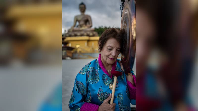 Fran Bak poses with one of her gongs.