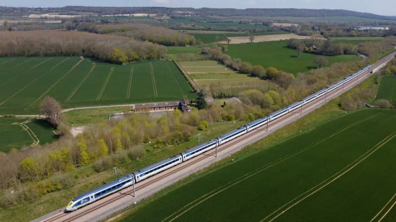 A Eurostar train traveling through England towards France.