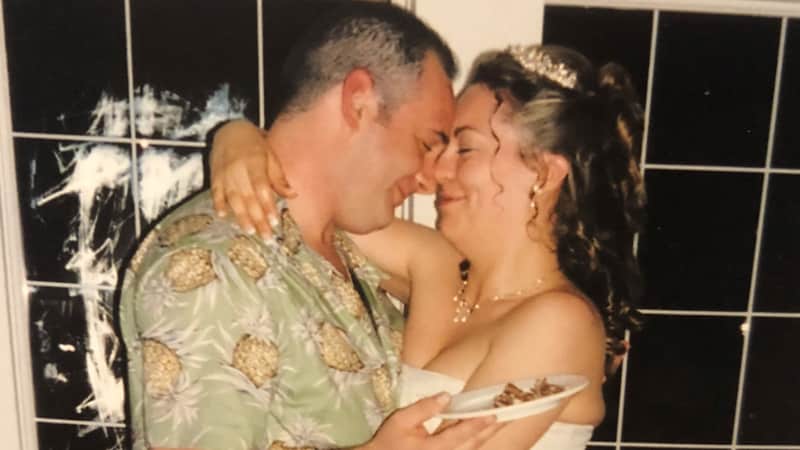 Chris and Jennifer on their wedding day in 2004. After the first dance, Chris and many of the other guests changed into Hawaiian shirts.