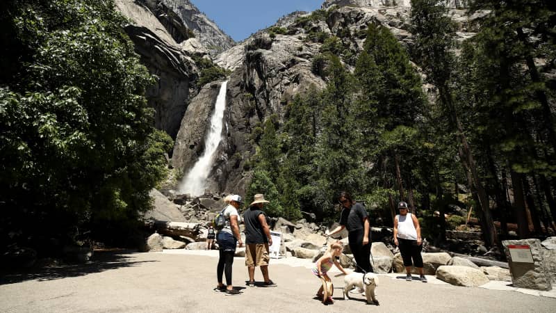 Visitors admire the view of Yosemite Falls in the distance.
