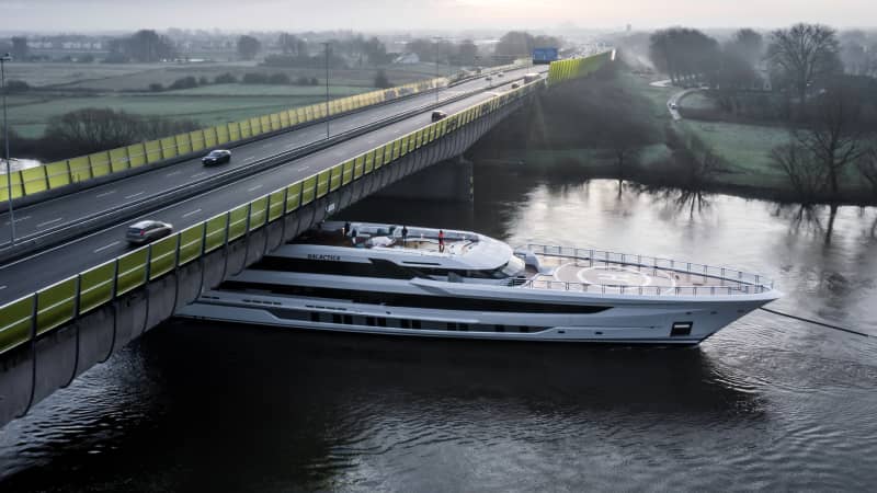Superyacht Galactica is transported from the Heesen shipyard in southern Netherlands town Oss to the North Sea. 