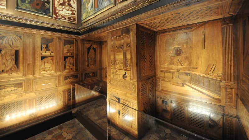 Federico's "studiolo," or study, was lined with inlaid wood depicting his prowess as a true Renaissance man.