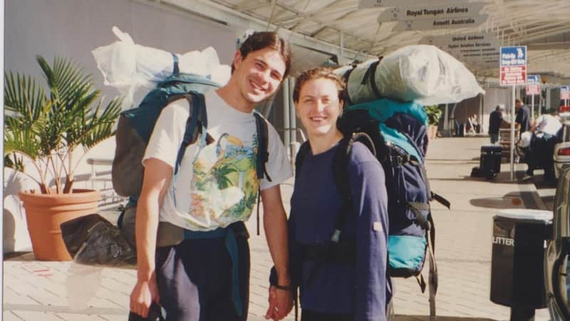 Green and Halse at Auckland Airport in 1997, about to embark on their travels.