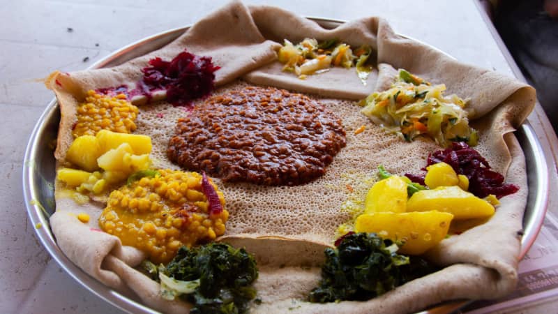 Injera, a large sourdough flatbread made with teff flour.