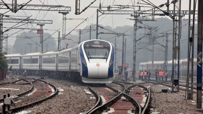 The Vande Bharat Express, a semi high-speed train, leaves New Delhi Railway Station on February 15, 2019. 