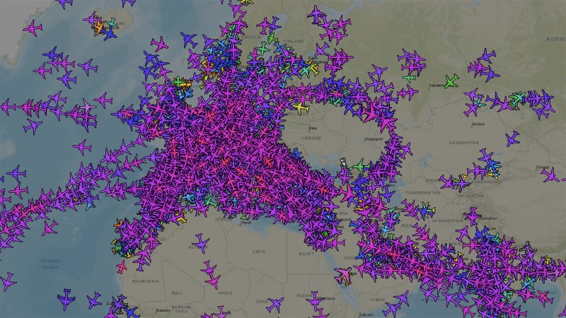 This image from aircraft tracker ADS-B Exchange taken at 11:15am ET on February 24 shows empty airspace over Ukraine and its border with Russia.