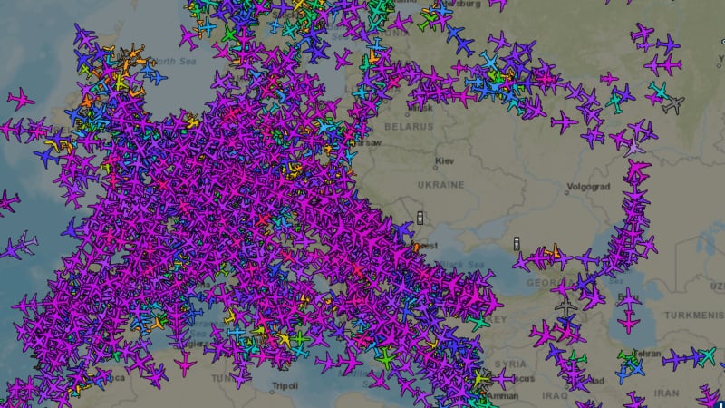 This image from ADSBexchange taken at 11:15 am ET on February 24 shows empty airspace over Ukraine and its border with Russia.