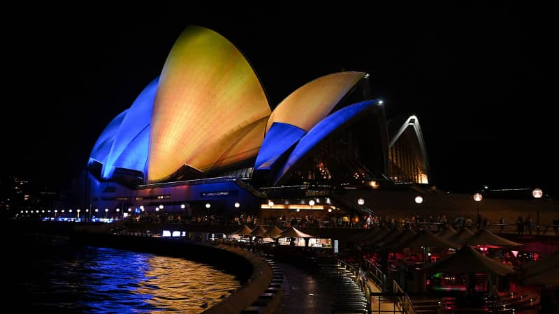The sails of the Sydney Opera House were illuminated with the colors of the Ukrainian flag on March 1, 2022. 