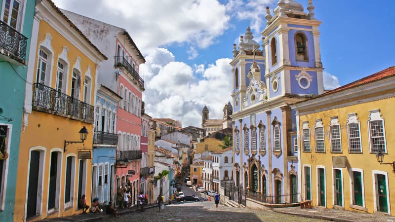 The streets of Salvador are lined with colorful colonial architecture. 
