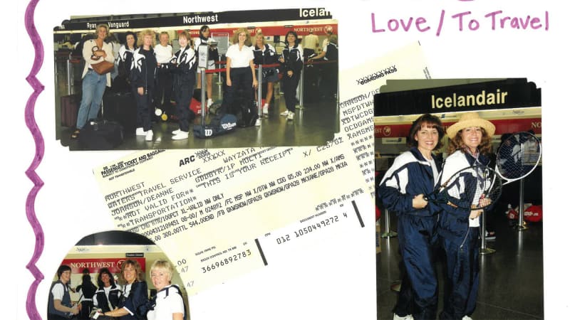 A page from Johnson's scrapbook shows the receipt and photos of the tennis tour group as they prepared to leave Minneapolis in May 1999.