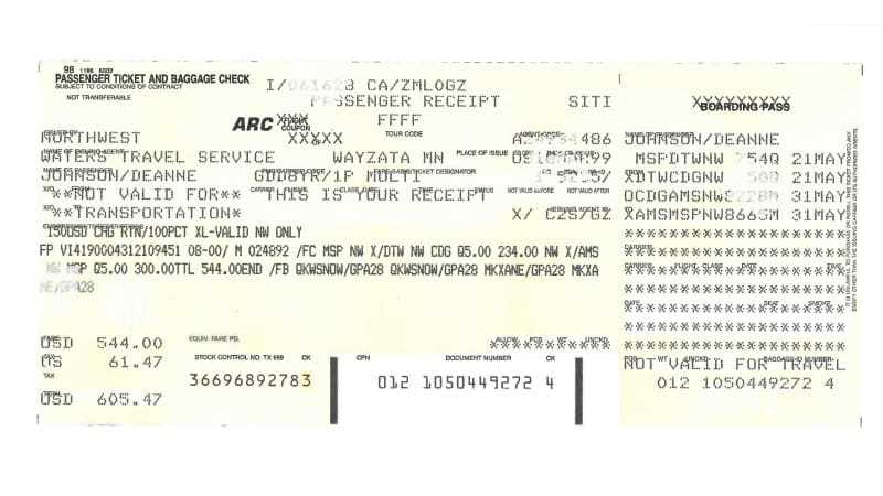 This receipt shared by one of Tracy Peck's tennis coaches shows the itinerary for their group's 1999 trip. They were on a flight from Amsterdam to Minneapolis on May 31.