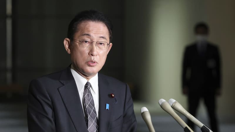 Japanese Prime Minister Fumio Kishida speaks to reporters about recommending the Sado mines as a possible UNESCO World Heritage site in Tokyo on January 28, 2022. 