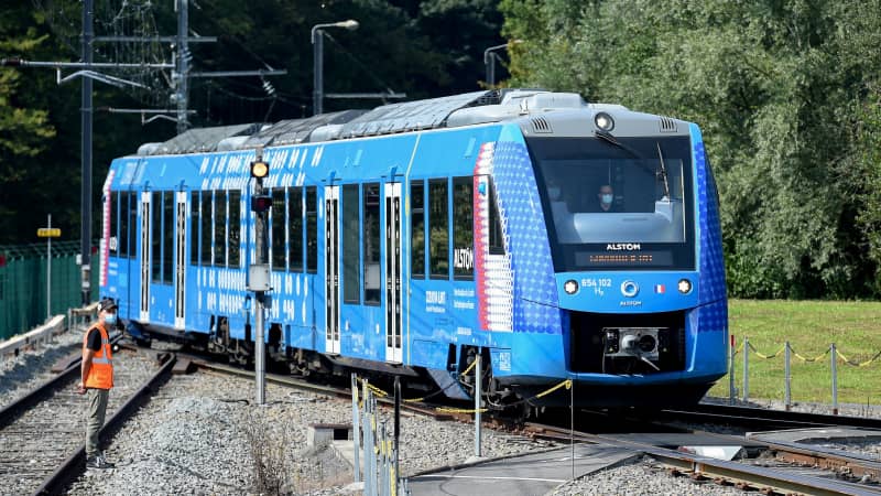 This photograph taken on September 6, 2021 shows Alstom's Coradia iLint train, the first in the world to be powered by hydrogen.